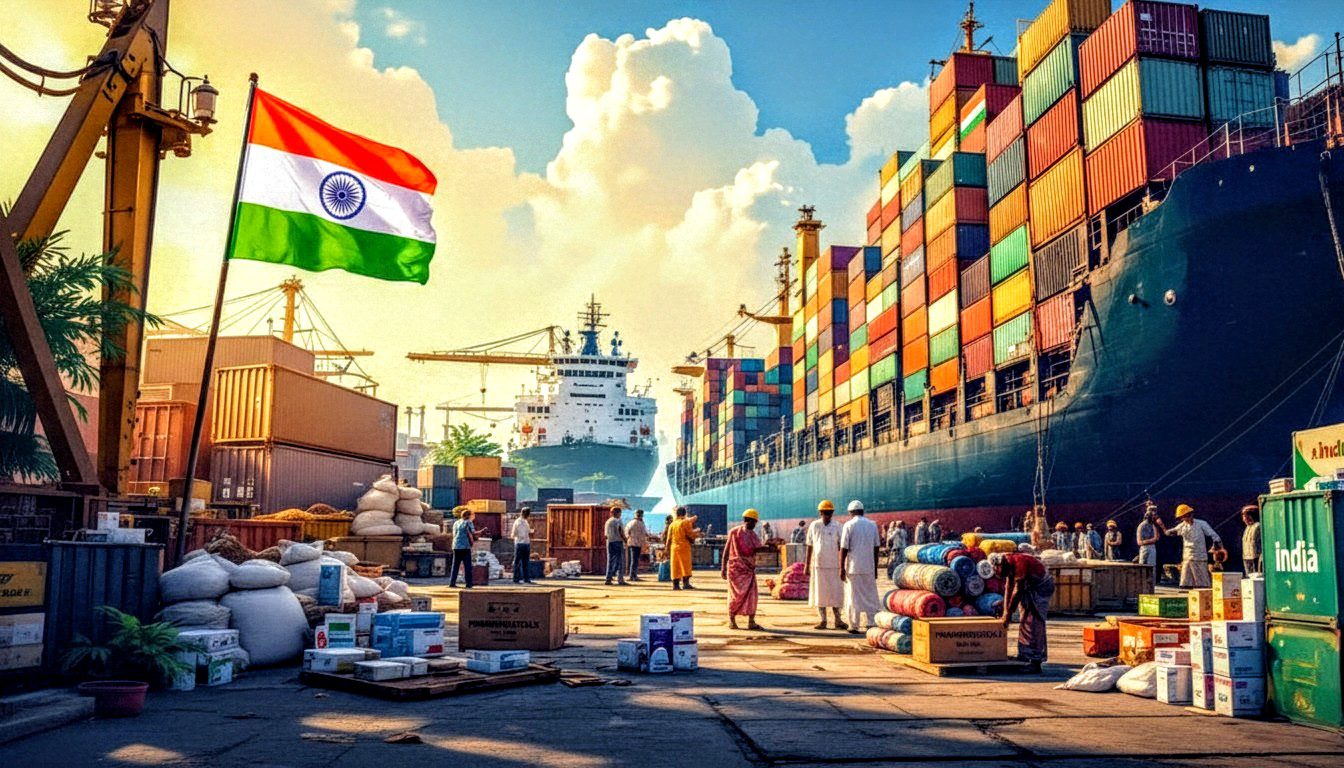 A busy Indian port scene with containers of textiles, spices, and pharmaceuticals highlighting export activity.