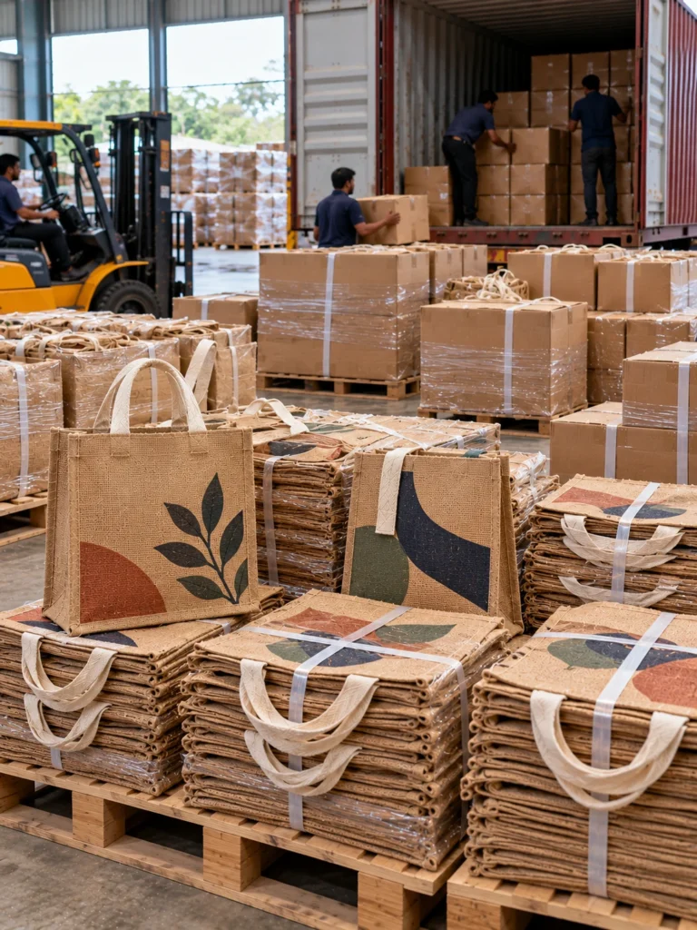 Corporate Promotional Jute Bags prepared for bulk export shipment