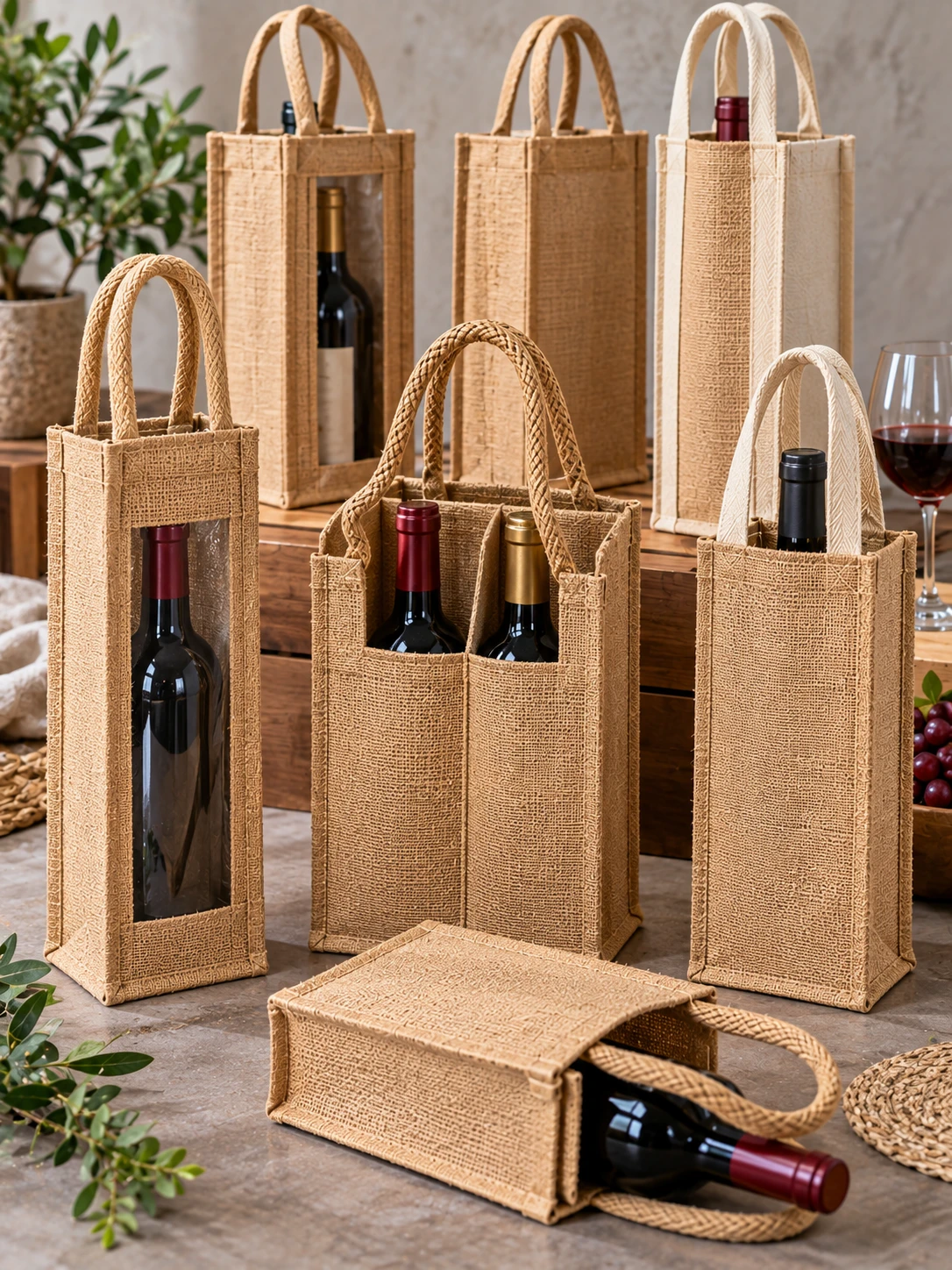 Jute Wine Bottle Bags – natural and laminated jute packaging for glass bottles – Indian export product
