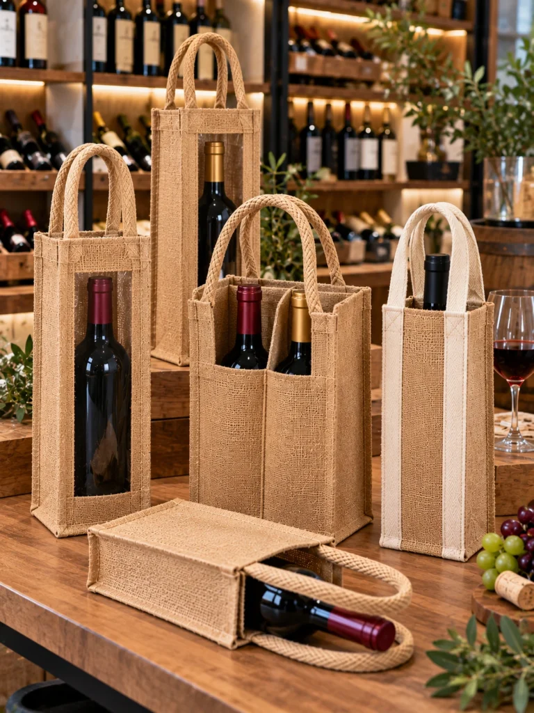 Jute Wine Bottle Bags – natural and laminated jute packaging for glass bottles – Indian export product