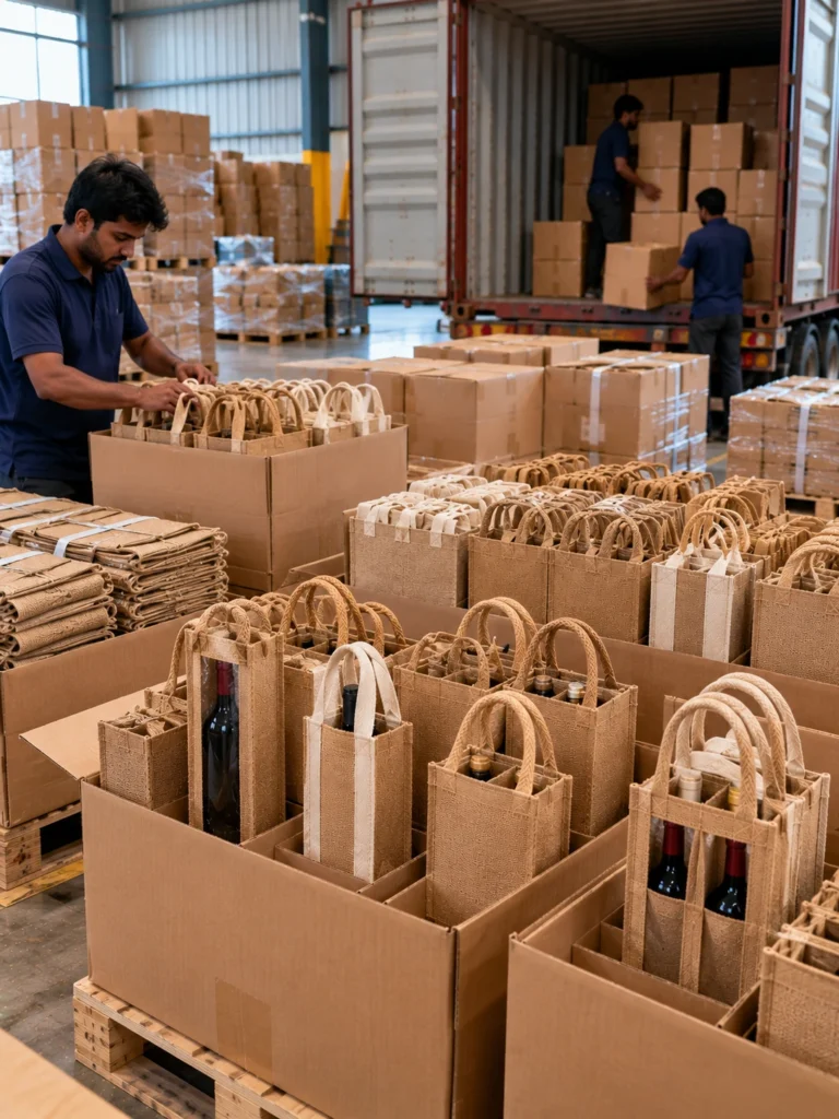 Jute Wine Bottle Bags prepared for bulk export shipment from India