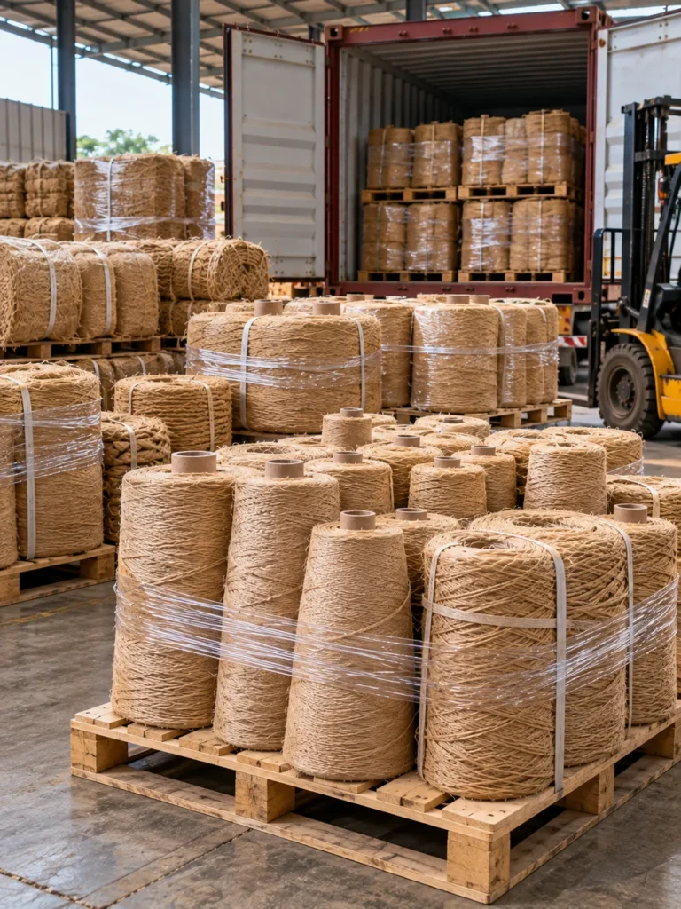 Indian jute yarn spools and coils prepared for bulk export shipment